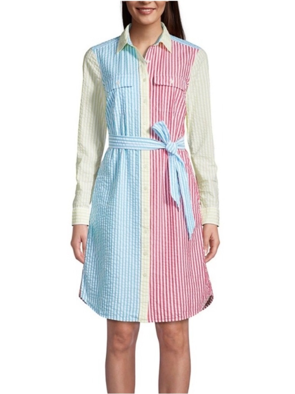 Lands End Seersucker Shirt Dress Button Front Color Block Stripes 100% cotton